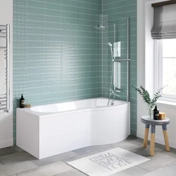 P Shaped 1700 Shower Bath with Front Panel & 4mm Screen with Rail - Right Handed