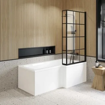 L Shaped 1700 Shower Bath with Front Panel & 6mm Easy Clean Matt Black Grid Bath Screen - Right Handed