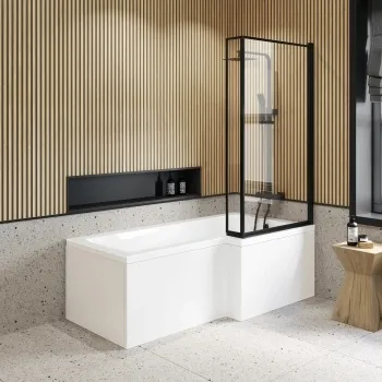L Shaped 1700 Shower Bath with Front Panel & 6mm Easy Clean Matt Black Framed Bath Screen - Right Handed
