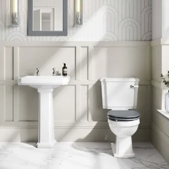 Hudson Traditional Toilet With Dove Grey Seat & Pedestal Basin Set - Double Tap Hole