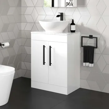 Avon Gloss White Vanity with Marble Top & Oval Counter Top Basin 600mm - Black Accents