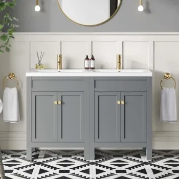 Bermuda Dove Grey Double Basin Vanity 1200mm - Brushed Brass Accents