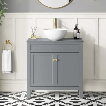 Bermuda Dove Grey Vanity with Round Counter Top Basin 800mm - Brushed Brass Accents