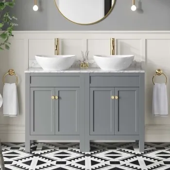 Bermuda Dove Grey Vanity with Marble Top & Oval Counter Top Basin 1200mm - Brushed Brass Accents