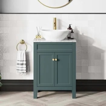Bermuda Midnight Green Vanity with Marble Top & Oval Counter Top Basin 600mm - Brushed Brass Accents