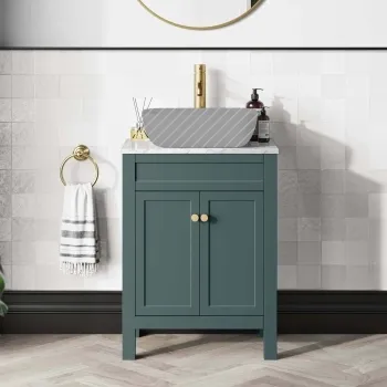 Bermuda Midnight Green Cabinet with Marble Top 600mm Excludes Counter Top Basin - Brushed Brass Accents