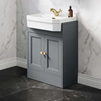 Monaco Dove Grey Traditional Basin Vanity 600mm - Brushed Brass Accents