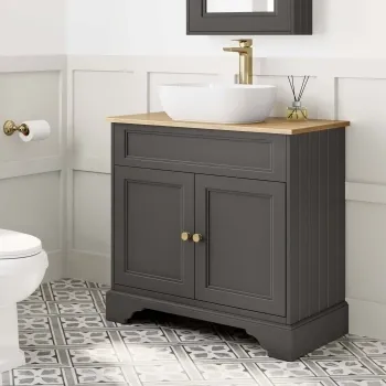 Lucia Graphite Grey Vanity with Oak Effect Top & Curved Counter Top Basin 840mm - Brushed Brass Accents