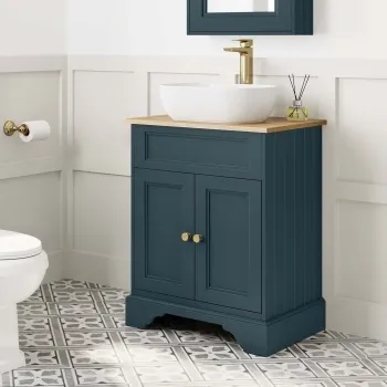 Lucia Inky Blue Vanity with Oak Effect Top & Curved Counter Top Basin 640mm - Brushed Brass Accents