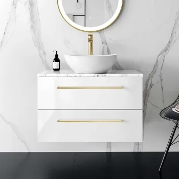 Elba Gloss White Wall Hung Drawer Vanity with Marble Top & Oval Counter Top Basin 800mm - Brushed Brass Accents