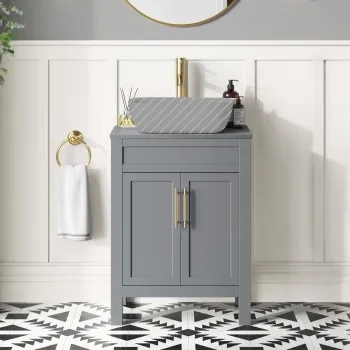 Bermuda Dove Grey Cabinet 600mm Excludes Counter Top Basin - Brass Knurled Handles