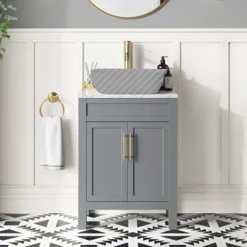 Bermuda Dove Grey Cabinet with Marble Top 600mm Excludes Counter Top Basin - Brass Knurled Handles