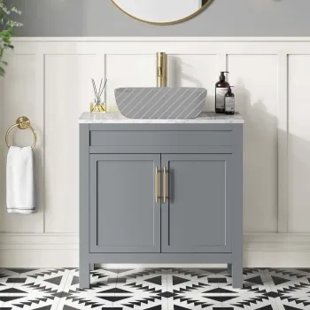 Bermuda Dove Grey Cabinet with Marble Top 800mm Excludes Counter Top Basin - Brass Knurled Handles
