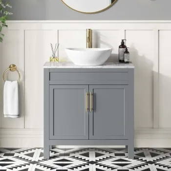 Bermuda Dove Grey Vanity with Marble Top & Oval Counter Top Basin 800mm - Brass Knurled Handles