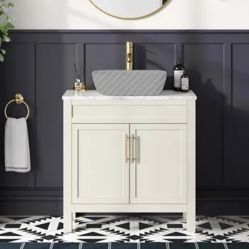 Bermuda Chalk White Cabinet with Marble Top 800mm Excludes Counter Top Basin - Brass Knurled Handles