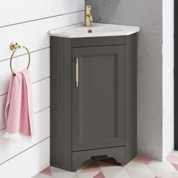 Lucia Graphite Grey Corner Basin Vanity 400mm - Brass Knurled Handle