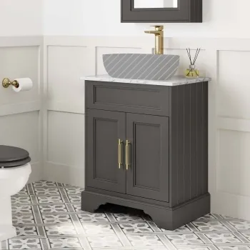 Lucia Graphite Grey Cabinet with Marble Top 640mm (Excludes Counter Top Basin) - Brass Knurled Handles