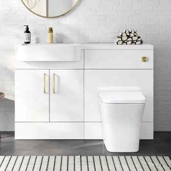 Harper Gloss White Combination Vanity Basin and Houston Toilet 1200mm - Brushed Brass Accents - Left Handed