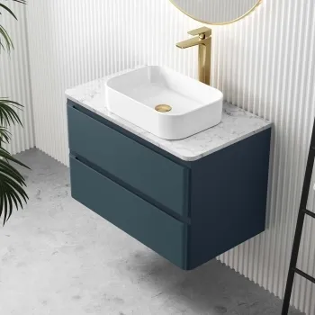 Corsica Inky Blue Wall Hung Drawer Vanity with Marble Top & Marin Basin 800mm
