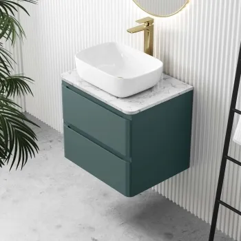 Corsica Midnight Green Wall Hung Drawer Vanity with Marble Top & Curved Counter Top Basin 600mm