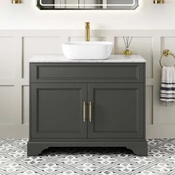 Lucia Graphite Grey Vanity with Marble Top & Curved Counter Top Basin 1030mm - Brass Knurled Handles