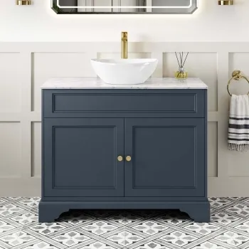 Lucia Inky Blue Vanity with Marble Top & Oval Counter Top Basin 1030mm - Brushed Brass Accents