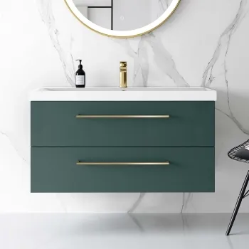 Elba Midnight Green Wall Hung Basin Drawer Vanity 1000mm - Brushed Brass Accents
