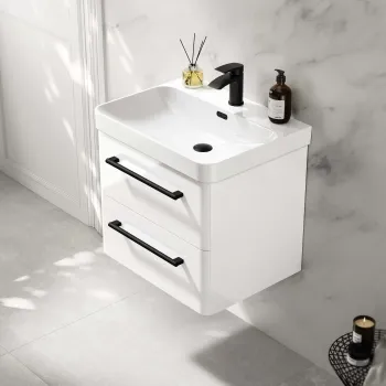 Omaha Gloss White Wall Hung Basin Drawer Vanity 600mm - Black Accents