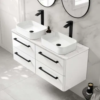 Omaha Gloss White Wall Hung Drawer Vanity with Marble Top & Marin Basin 1200mm - Black Accents