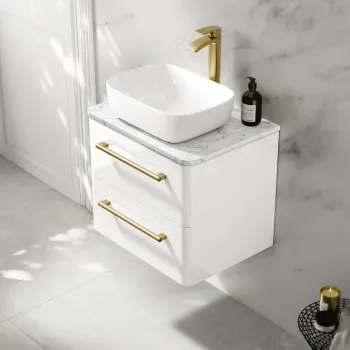Omaha Gloss White Wall Hung Drawer Vanity with Marble Top & Curved Counter Top Basin 600mm - Brushed Brass Accents