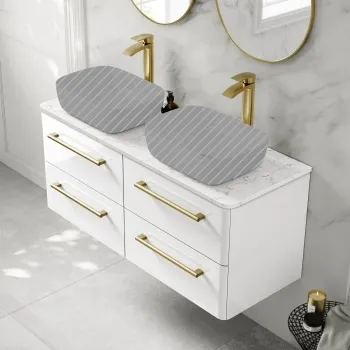 Omaha Gloss White Wall Hung Drawer Vanity with Marble Top 1200mm (Excludes Counter Top Basin) - Brushed Brass Accents