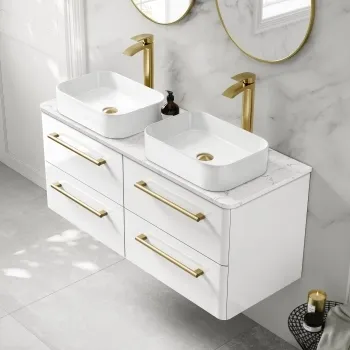 Omaha Gloss White Wall Hung Drawer Vanity with Marble Top & Marin Basin 1200mm - Brushed Brass Accents
