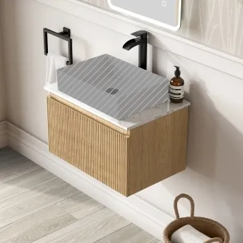 Malta Fluted Country Oak Wall Hung Drawer Vanity with Marble Top 600mm - Excludes Counter Top Basin