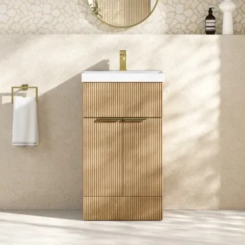 Havana Fluted Country Oak Basin Vanity 500mm - Brushed Brass Accents