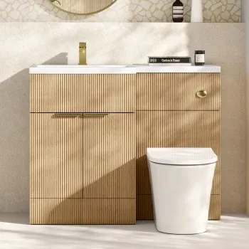 Havana Fluted Country Oak Combination Vanity Basin and Tucson Toilet 1100mm - Brushed Brass Accents - Left Handed