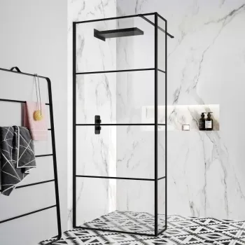 Munich Matt Black Grid 8mm Wet Room Shower Glass 900mm & 250mm Return Panel