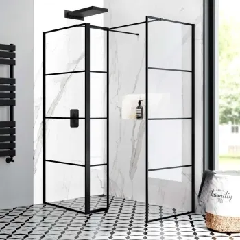 Munich Matt Black Grid 8mm Walk In Shower Enclosure 800mm & 700mm Glass with Pivotal Return Panel