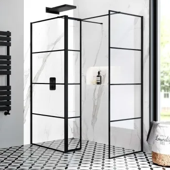 Munich Matt Black Grid 8mm Walk In Shower Enclosure 900mm & 700mm Glass with Pivotal Return Panel