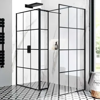 Munich Matt Black Grid 8mm Walk In Shower Enclosure 1000mm & 900mm Glass with Pivotal Return Panel