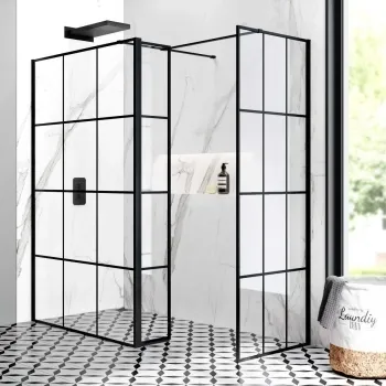 Munich Matt Black Grid 8mm Walk In Shower Enclosure 1200mm & 700mm Glass with Pivotal Return Panel