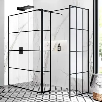 Munich Matt Black Grid 8mm Walk In Shower Enclosure 1400mm & 800mm Glass with Pivotal Return Panel