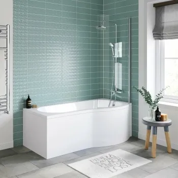 P Shaped 1600 Shower Bath with Front Panel & 4mm Screen - Right Handed