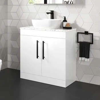 Avon Gloss White Vanity with Marble Top & Curved Counter Top Basin 800mm - Black Accents