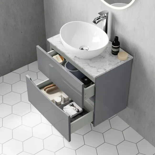 Austin Stone Grey Wall Hung Drawer Vanity with Marble Top & Oval Counter Top Basin 600mm