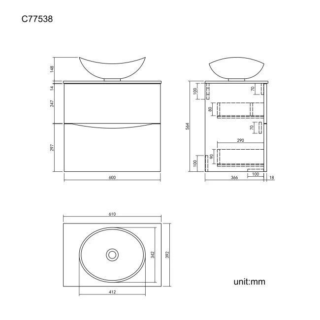 Austin Stone Grey Wall Hung Drawer Vanity with Marble Top & Oval Counter Top Basin 600mm