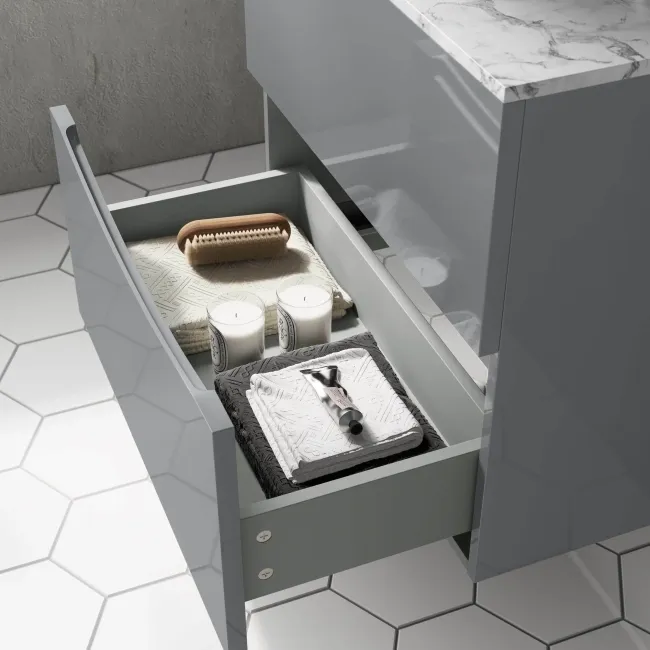 Austin Stone Grey Wall Hung Drawer Vanity with Marble Top & Curved Counter Top Basin 600mm