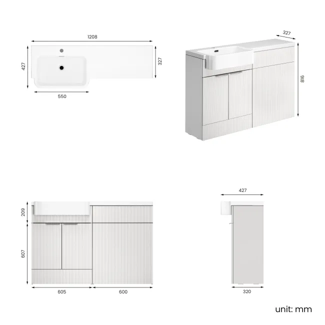 Sicily Fluted Coastal White Basin Vanity and Back To Wall Toilet Unit 1200mm (Excludes Toilet) - Chrome Handles- Left Handed
