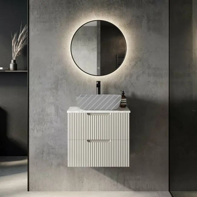 Crete Fluted Linen White Wall Hung Drawer Vanity with Marble Top 600mm - Excludes Counter Top Basin