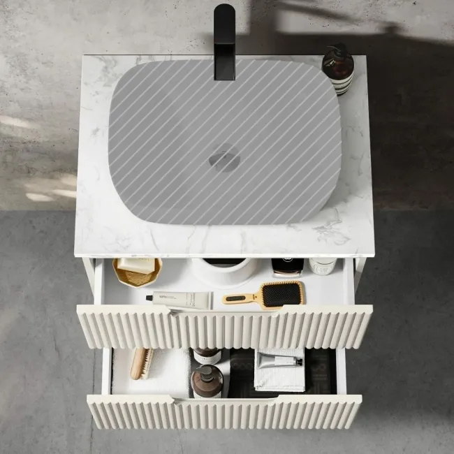 Crete Fluted Linen White Wall Hung Drawer Vanity with Marble Top 600mm - Excludes Counter Top Basin