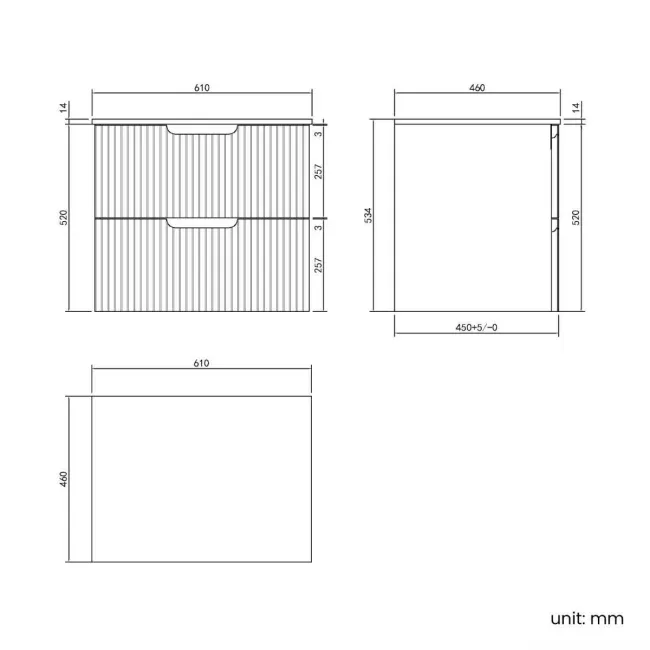 Crete Fluted Linen White Wall Hung Drawer Vanity with Marble Top 600mm - Excludes Counter Top Basin